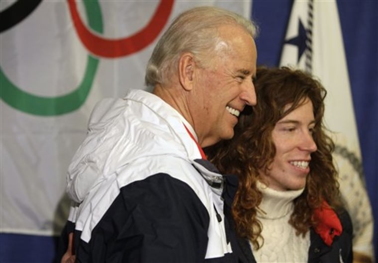 Vice President Joe Biden poses with snowboarder Shawn White at the Vancouver Olympics on Friday.